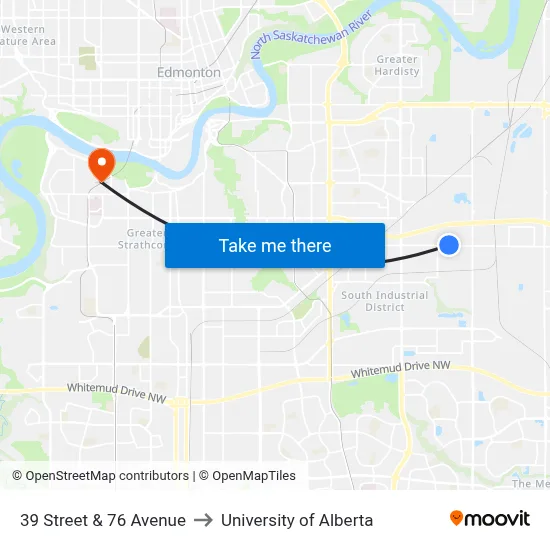 39 Street & 76 Avenue to University of Alberta map