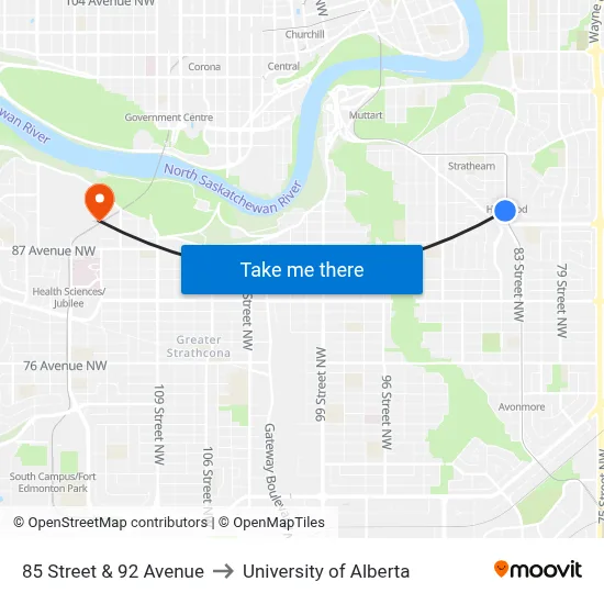 85 Street & 92 Avenue to University of Alberta map