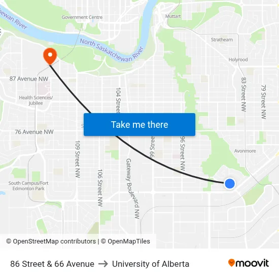 86 Street & 66 Avenue to University of Alberta map