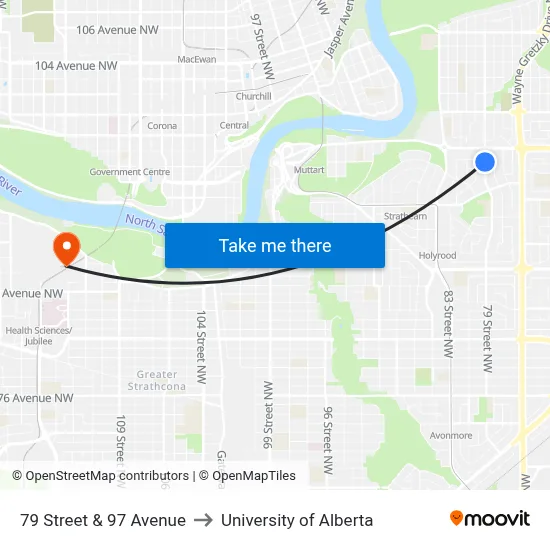79 Street & 97 Avenue to University of Alberta map