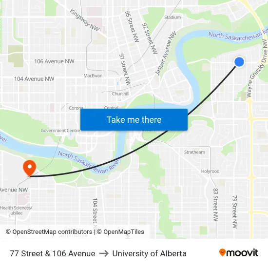 77 Street & 106 Avenue to University of Alberta map