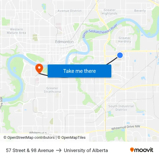57 Street & 98 Avenue to University of Alberta map