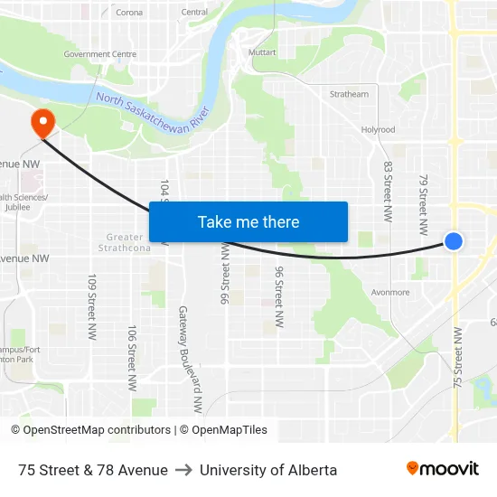 75 Street & 78 Avenue to University of Alberta map