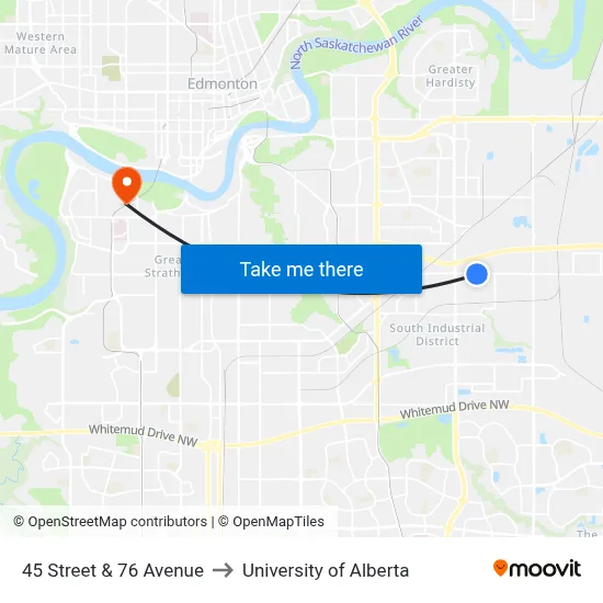 45 Street & 76 Avenue to University of Alberta map