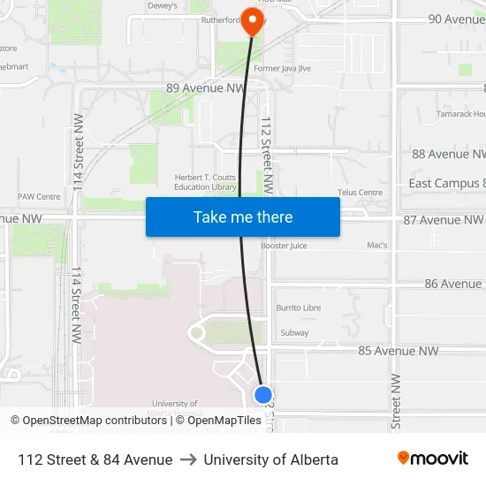 112 Street & 84 Avenue to University of Alberta map