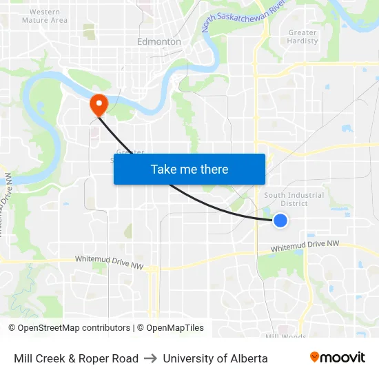 Mill Creek & Roper Road to University of Alberta map