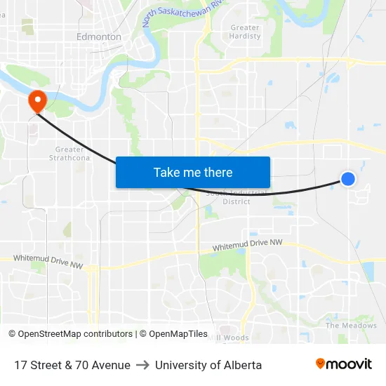 17 Street & 70 Avenue to University of Alberta map