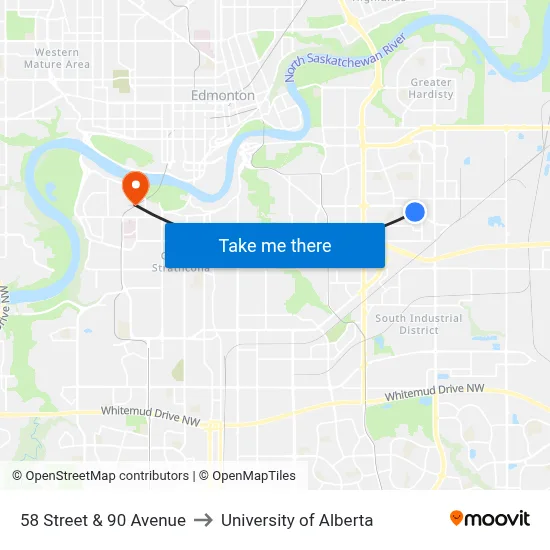 58 Street & 90 Avenue to University of Alberta map
