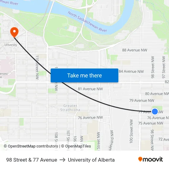 98 Street & 77 Avenue to University of Alberta map