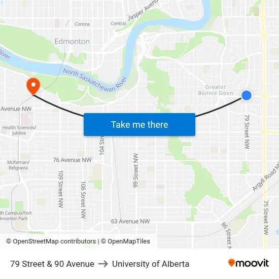 79 Street & 90 Avenue to University of Alberta map