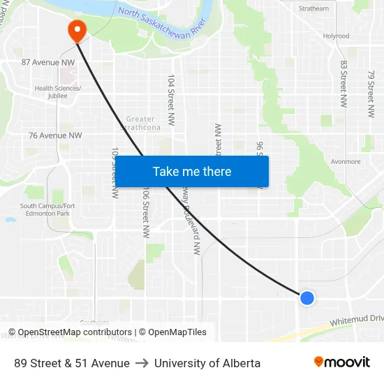 89 Street & 51 Avenue to University of Alberta map