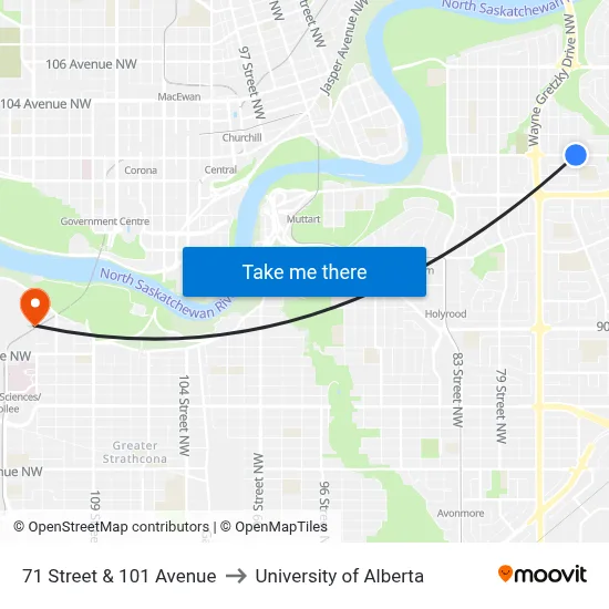 71 Street & 101 Avenue to University of Alberta map