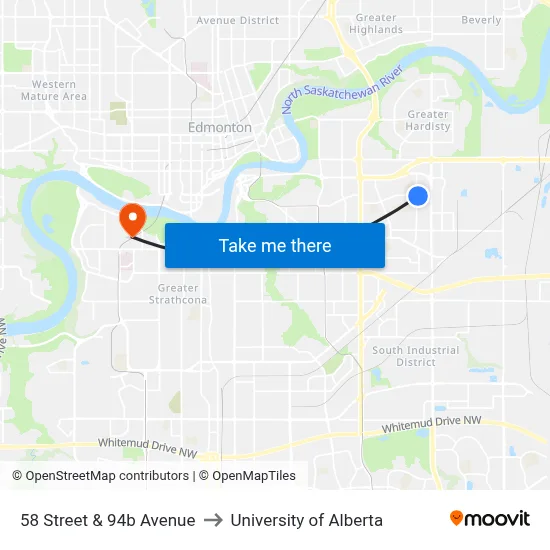 58 Street & 94b Avenue to University of Alberta map