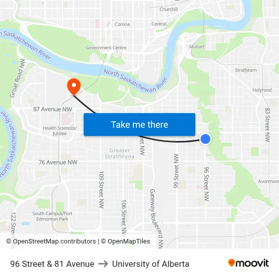 96 Street & 81 Avenue to University of Alberta map