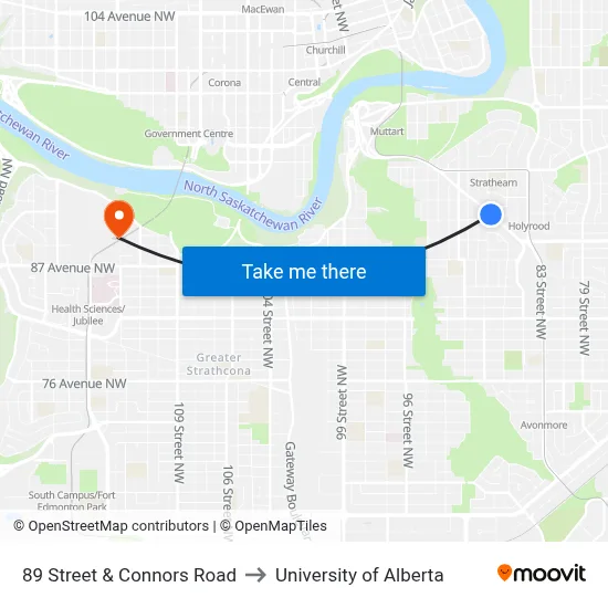 89 Street & Connors Road to University of Alberta map