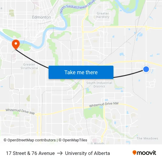 17 Street & 76 Avenue to University of Alberta map