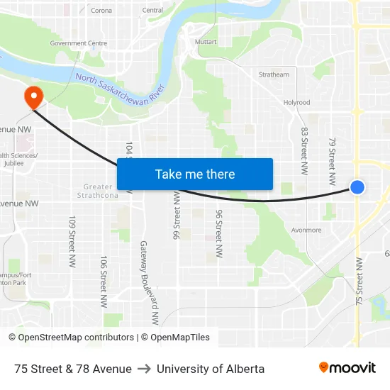 75 Street & 78 Avenue to University of Alberta map