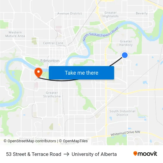 53 Street & Terrace Road to University of Alberta map