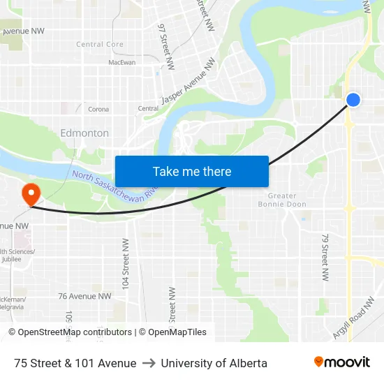 75 Street & 101 Avenue to University of Alberta map