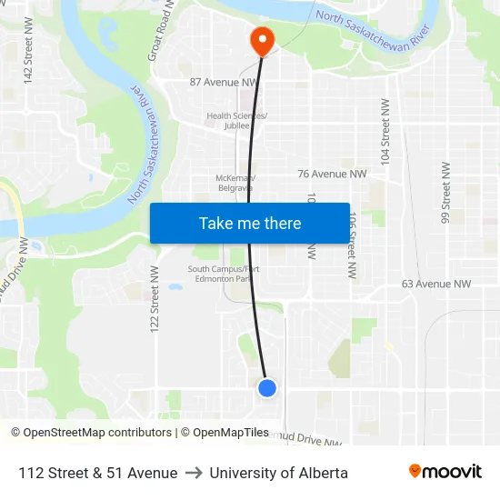 112 Street & 51 Avenue to University of Alberta map