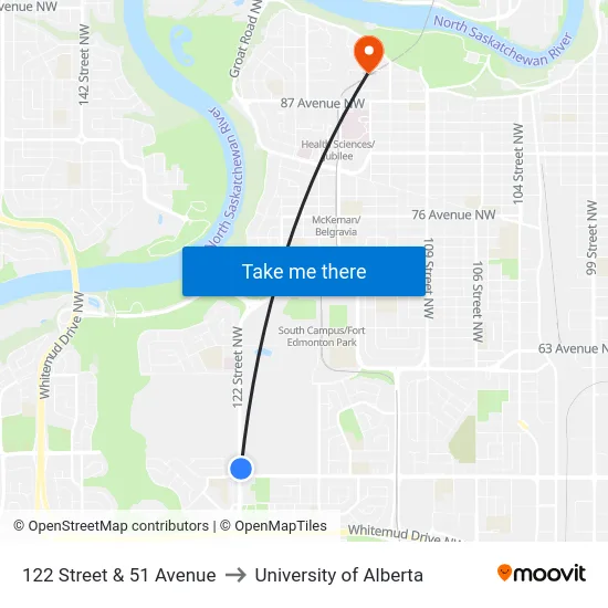 122 Street & 51 Avenue to University of Alberta map