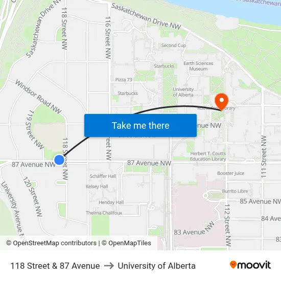 118 Street & 87 Avenue to University of Alberta map
