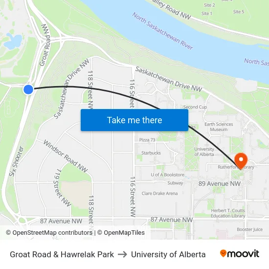 Groat Road & Hawrelak Park to University of Alberta map