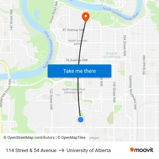 114 Street & 54 Avenue to University of Alberta map