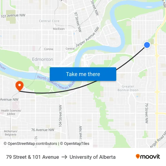79 Street & 101 Avenue to University of Alberta map
