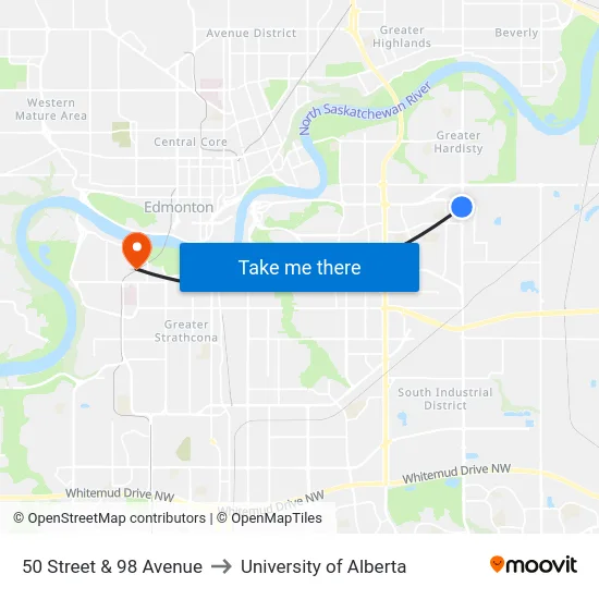 50 Street & 98 Avenue to University of Alberta map