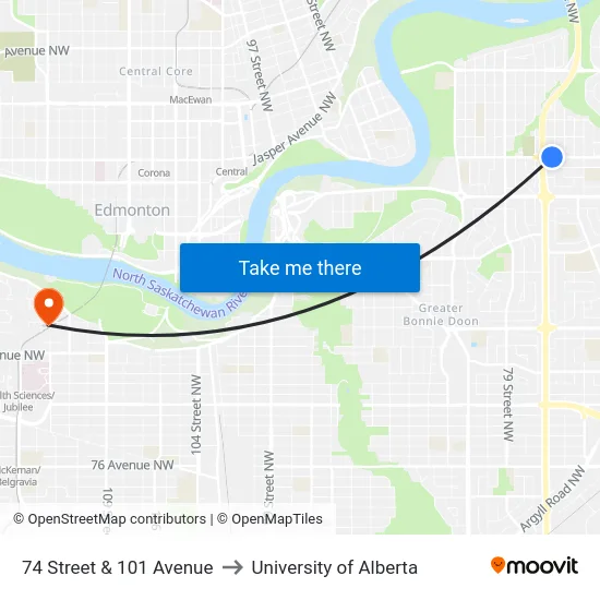 74 Street & 101 Avenue to University of Alberta map