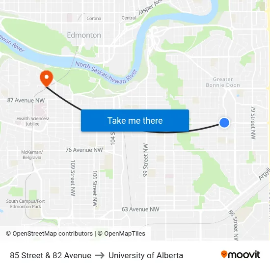 85 Street & 82 Avenue to University of Alberta map