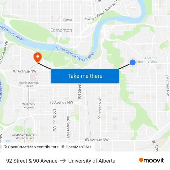 92 Street & 90 Avenue to University of Alberta map