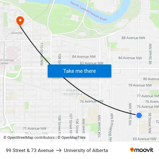 99 Street & 73 Avenue to University of Alberta map