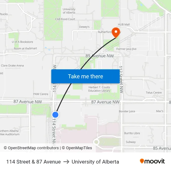 114 Street & 87 Avenue to University of Alberta map