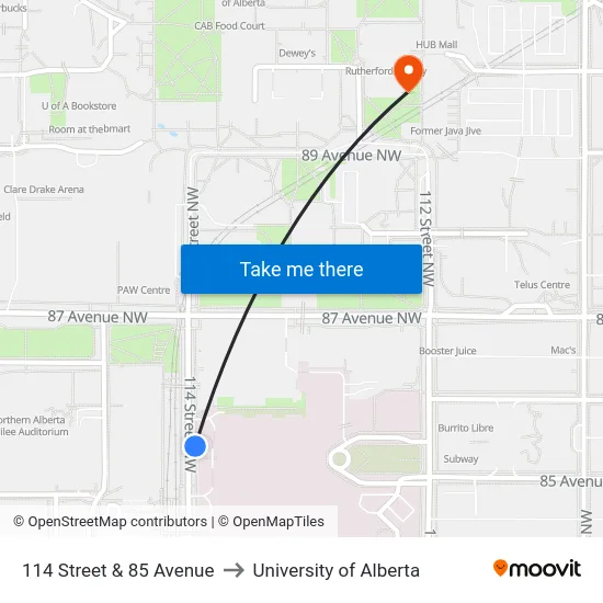 114 Street & 85 Avenue to University of Alberta map