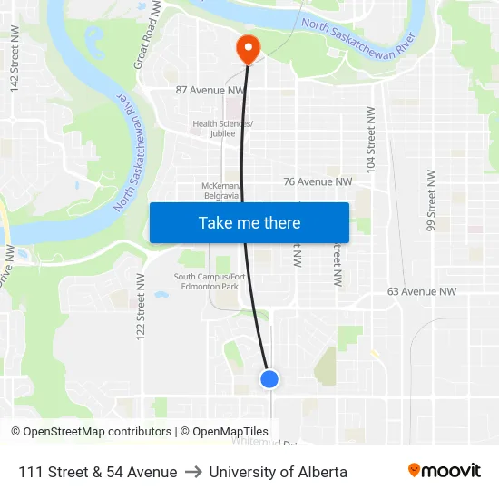 111 Street & 54 Avenue to University of Alberta map