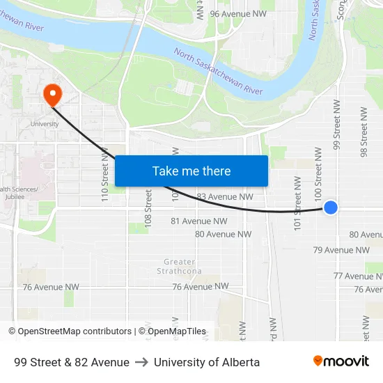 99 Street & 82 Avenue to University of Alberta map