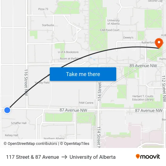 117 Street & 87 Avenue to University of Alberta map