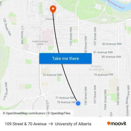 109 Street & 70 Avenue to University of Alberta map