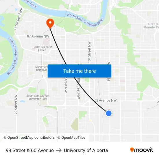 99 Street & 60 Avenue to University of Alberta map