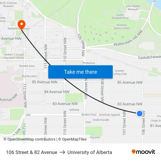 106 Street & 82 Avenue to University of Alberta map