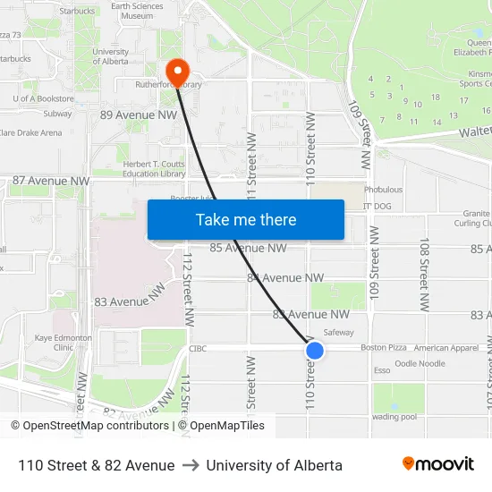 110 Street & 82 Avenue to University of Alberta map