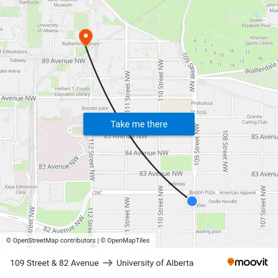 109 Street & 82 Avenue to University of Alberta map