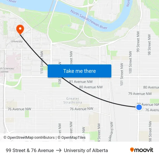 99 Street & 76 Avenue to University of Alberta map
