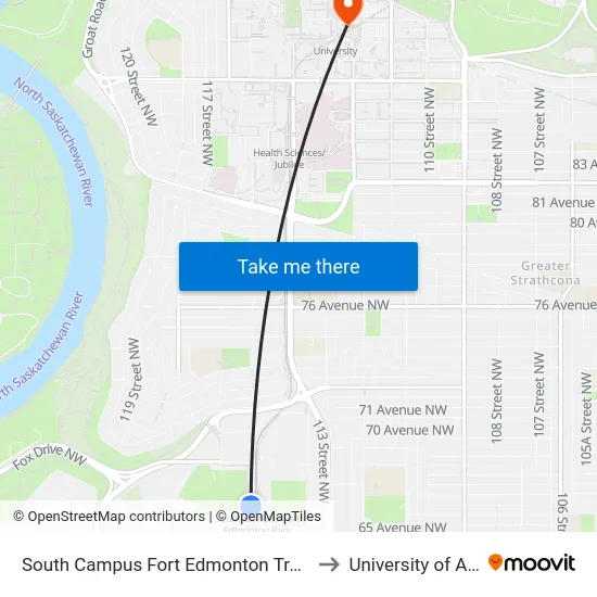 South Campus Fort Edmonton Transit Centre to University of Alberta map