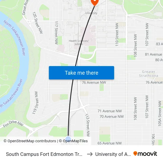 South Campus Fort Edmonton Transit Centre to University of Alberta map