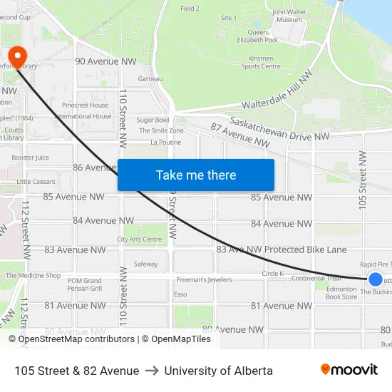 105 Street & 82 Avenue to University of Alberta map