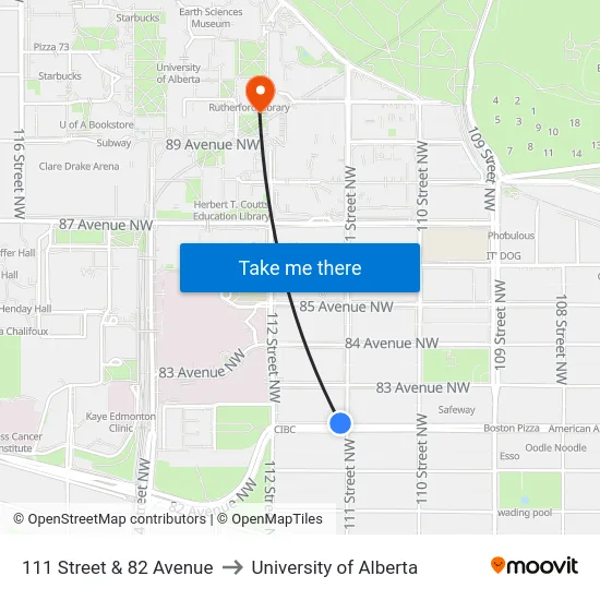 111 Street & 82 Avenue to University of Alberta map