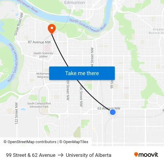 99 Street & 62 Avenue to University of Alberta map